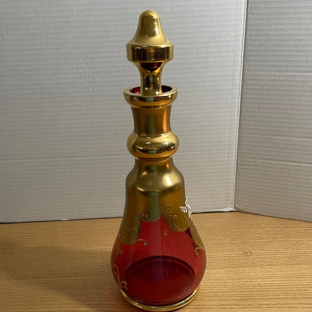 Bohemian Czech Ruby Red Gold Gilt Crystal Decanter & 4 Glasses Enamel Flowers